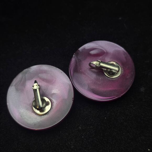 Marbled Purple Acrylic Medallion Earrings Clip On Vintage 1980s Jewelry - Picture 3 of 6